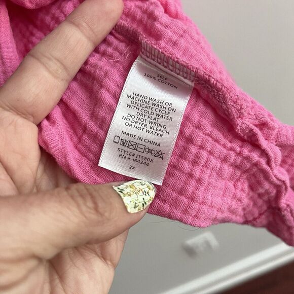 First Love Hot Pink Gauze Peplum Blouse 2X Relaxed Fit Top 100% Cotton Lagenlook - Picture 5 of 8